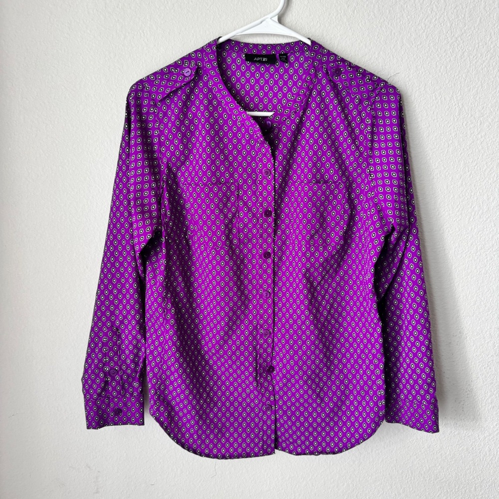 Apt 9 Womens Petite Medium Purple Geometric Diamond Button Down Blouse Top PM